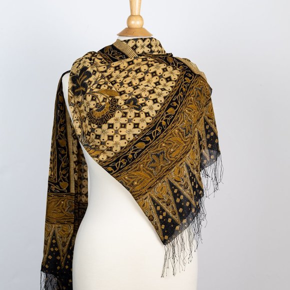 Silk Crepe Scarf, Sarong, wrap Black Harvest gold cream 40" x 76" floral - Picture 3 of 4